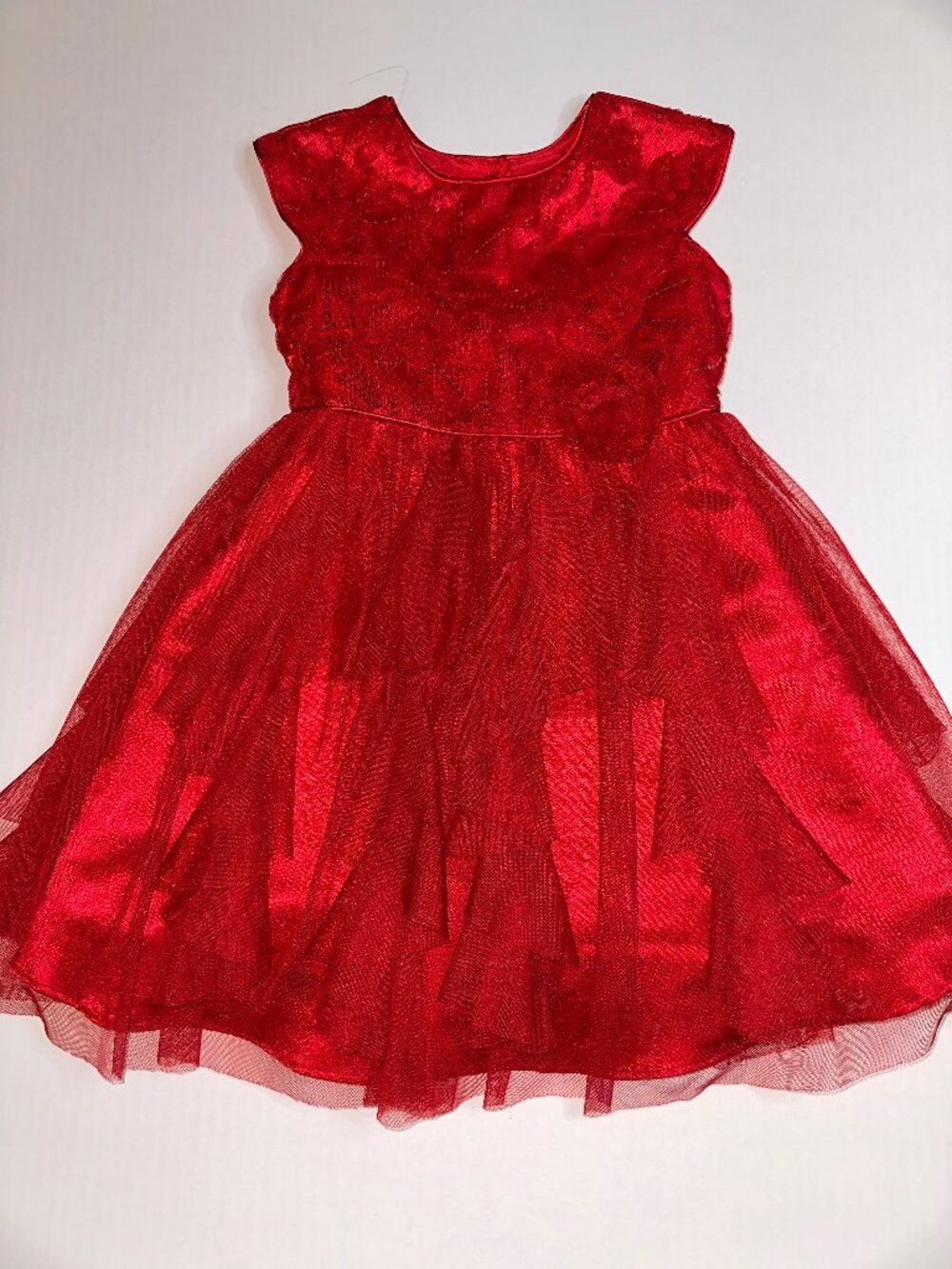 Jona Michelle Red Sparkle Dress w/ lace Bow Fluffy Tulle Skirt 4T #732